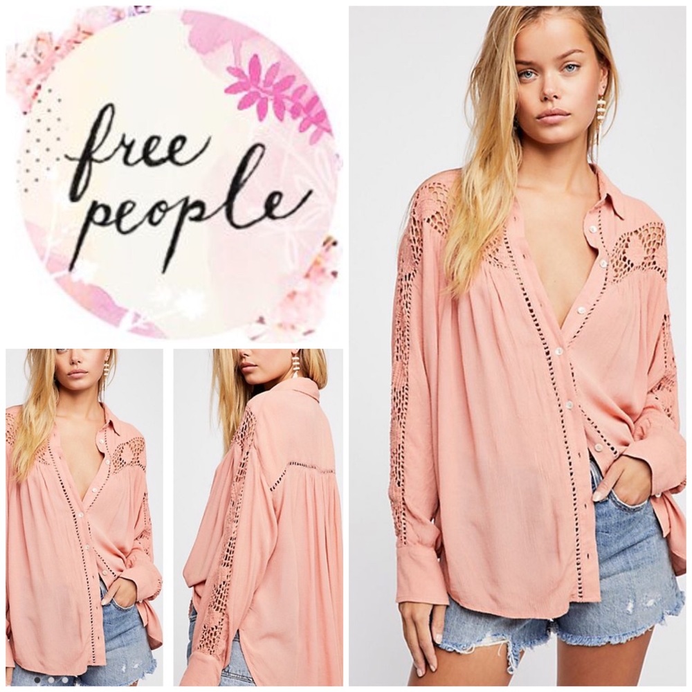 Free People Pink Lace-Inset Button-Down Shirt